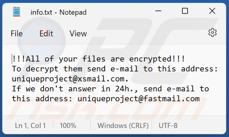 Plik txt z notatką z żądaniem okupu ransomware unique (info.txt)