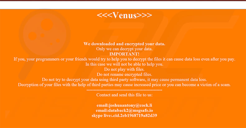 Okno pop-up ransomware Venus