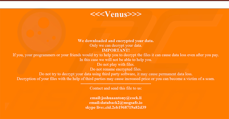 Okno pop-up ransomware Venus