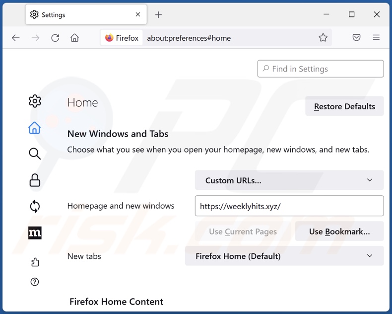 Usuwanie weeklyhits.xyz ze strony domowej Mozilla Firefox