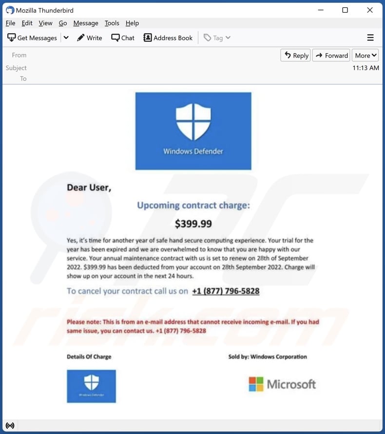 E-mailowa kampania spamowa Windows Defender