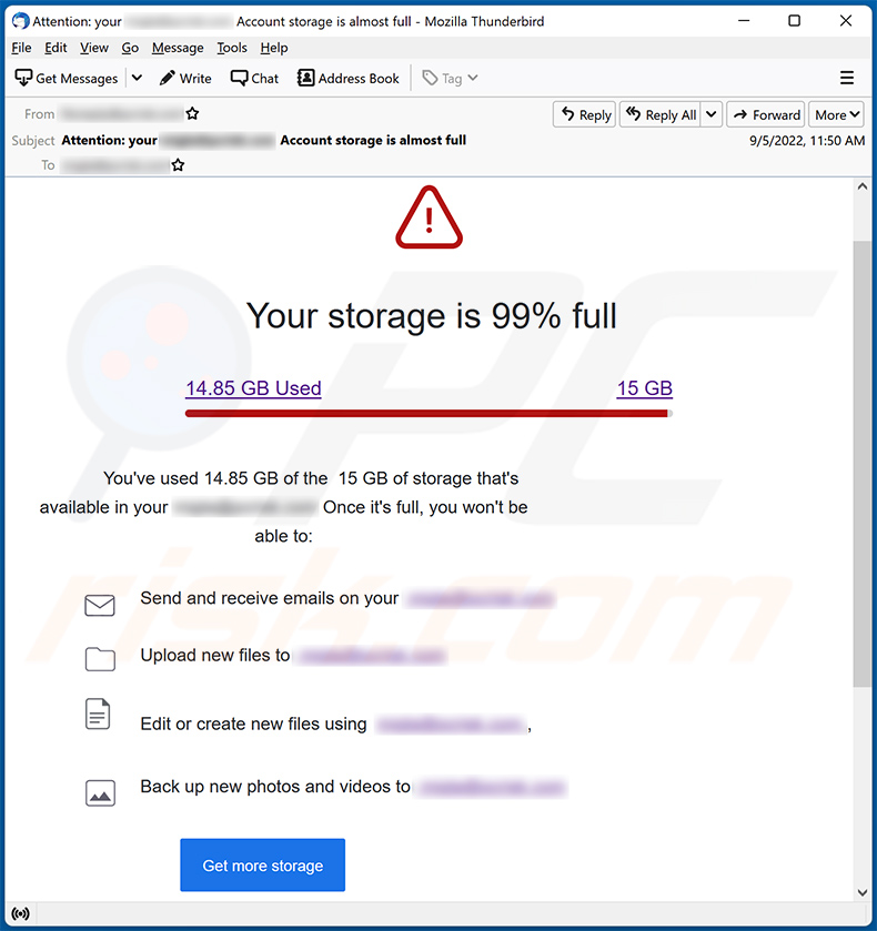 Oszustwo e-mailowe You Have Used Up Your Mail Storage (2022-09-06)