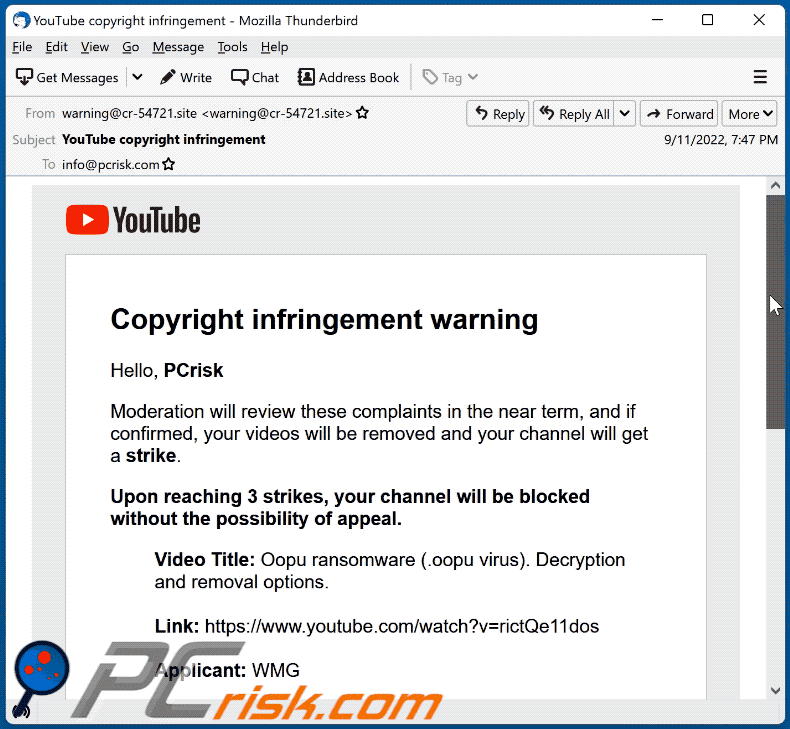 Wygląd e-maila YouTube Copyright Infringement Warning