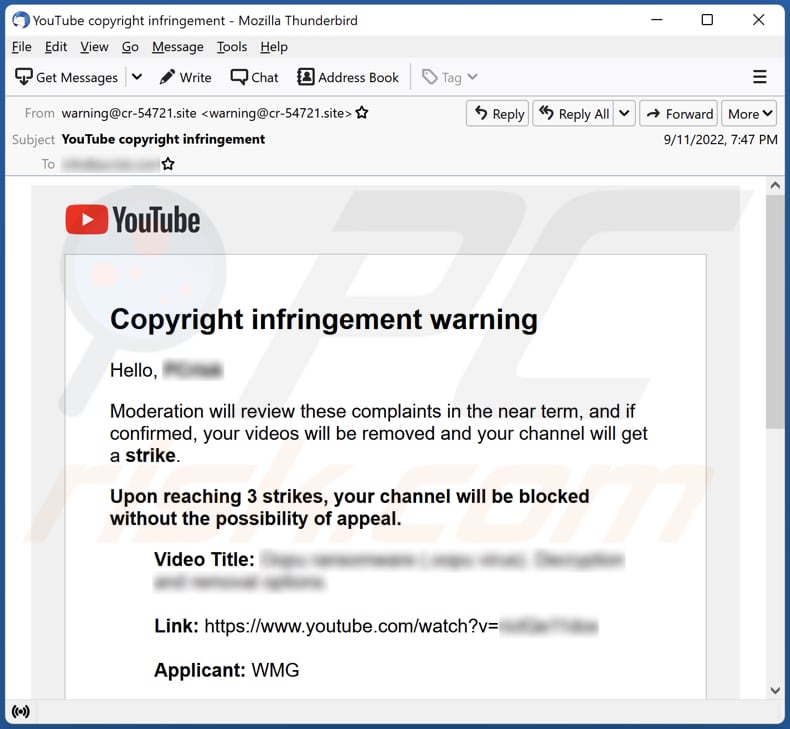 E-mail rozsyłąjący malware wirusowe YouTube Copyright Infringement Warning