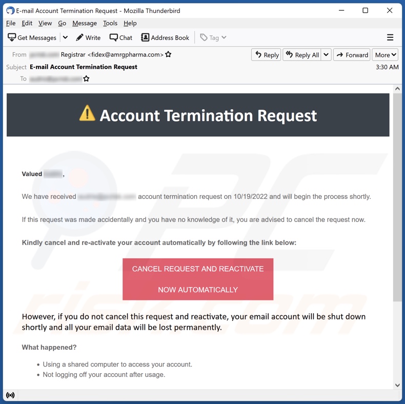 E-mailowa kampania spamowa Account Termination Request