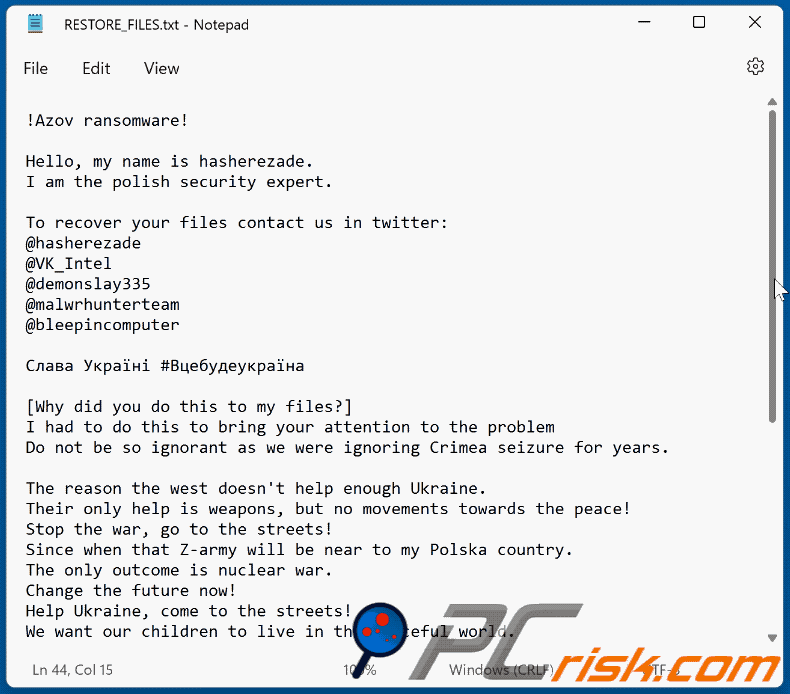 Notatka z żądaniem okupu ransomware Azov (RESTORE_FILES.txt)