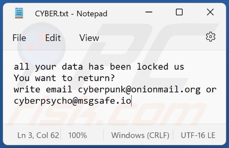 Plik tekstowy ransomware Cyberpunk (CYBER.txt)