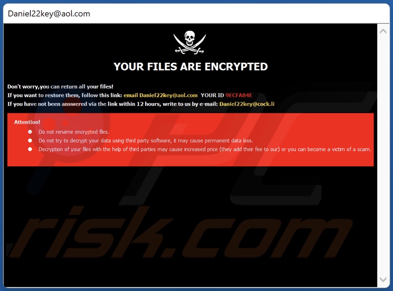 Notatka z żądaniem okupu ransomware Dkey (pop-up)