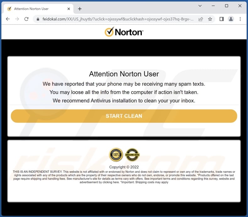 Początkowa strona oszustwa Norton - Your Phone May Be Receiving Many Spam Texts