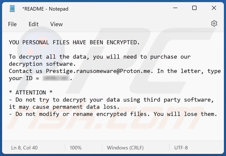 Notatka z żądaniem okupu ransomware Prestige (README file)