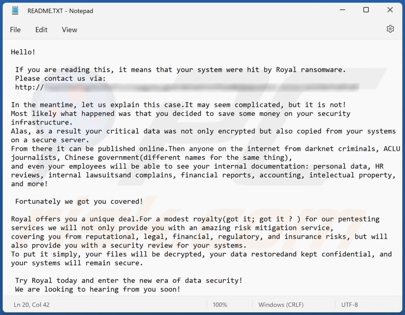 Plik tekstowy ransomware Royal (README.txt)
