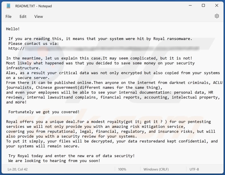 Plik tekstowy ransomware Royal (README.txt)