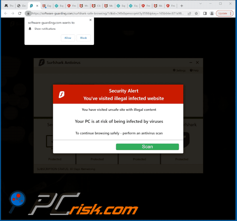 Wygląd oszustwa Surfshark - Your PC Is Infected With 5 Viruses! (GIF)