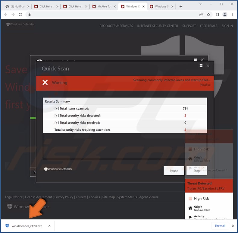 Okno pop-up fałszywego skanowania update windows defender