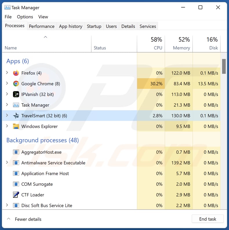 Proces adware wikitravel travelsmart w menedżerze zadań