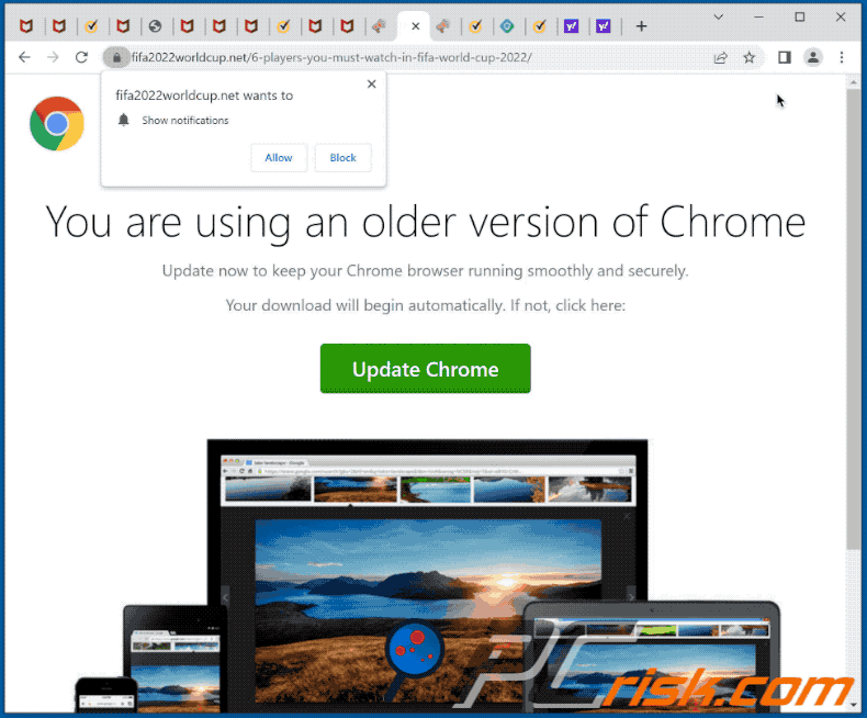 Wygląd oszustwa you are using an older version of chrome