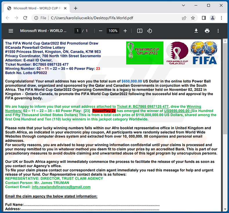 Oszustwo e-mailowe 2022 FIFA Lottery Award (2022-11-17)