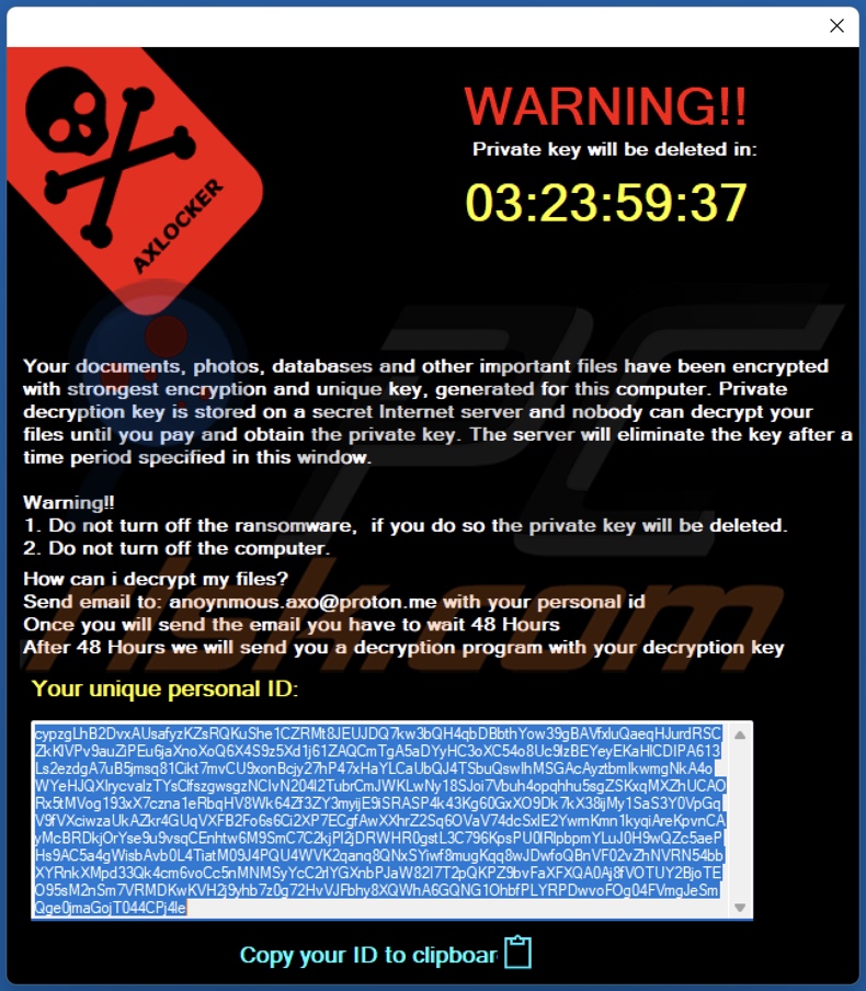 Notatka z żądaniem okupu ransomware AXLocker (pop-up)
