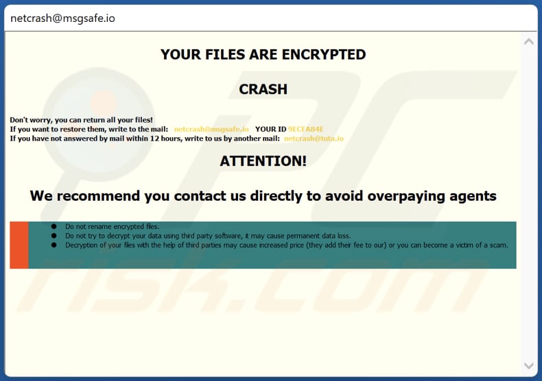 Okno pop-up ransomware CRASH