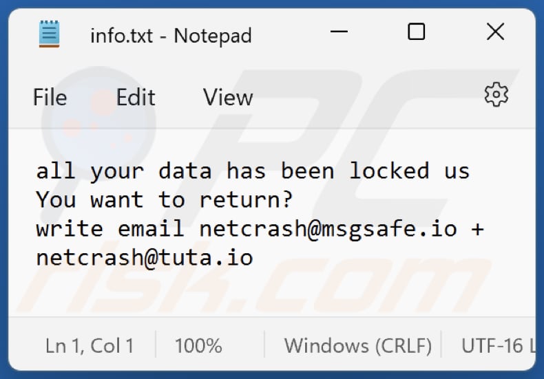 Plik tekstowy ransomware CRASH (info.txt)