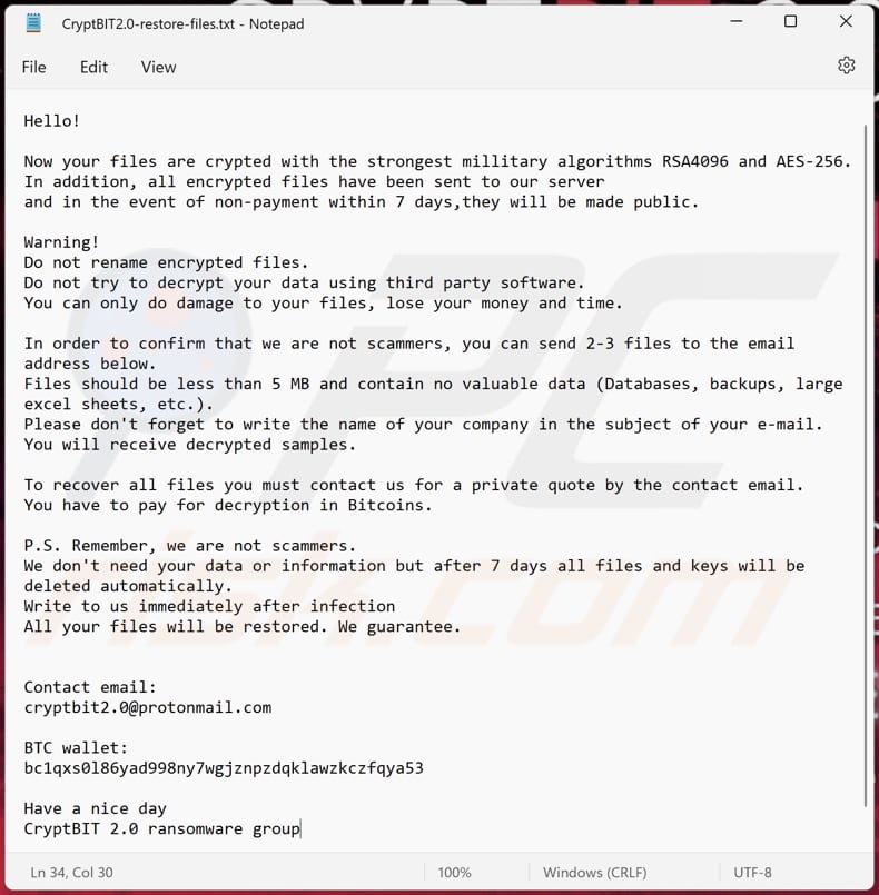 Plik tekstowy ransomware CryptBIT 2.0 (CryptBIT2.0-restore-files.txt)