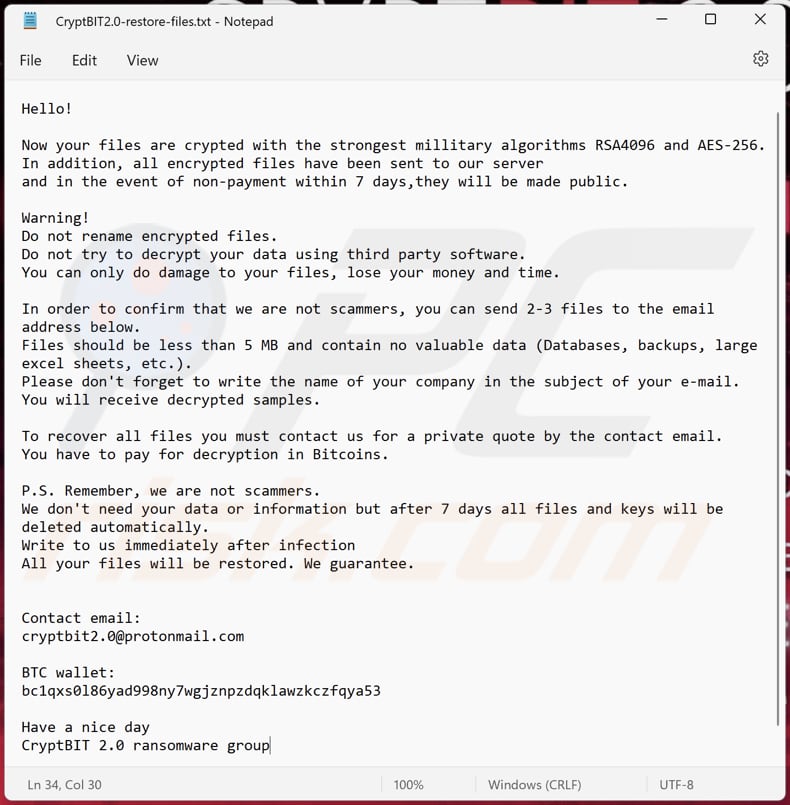 Plik tekstowy ransomware CryptBIT 2.0 (CryptBIT2.0-restore-files.txt)