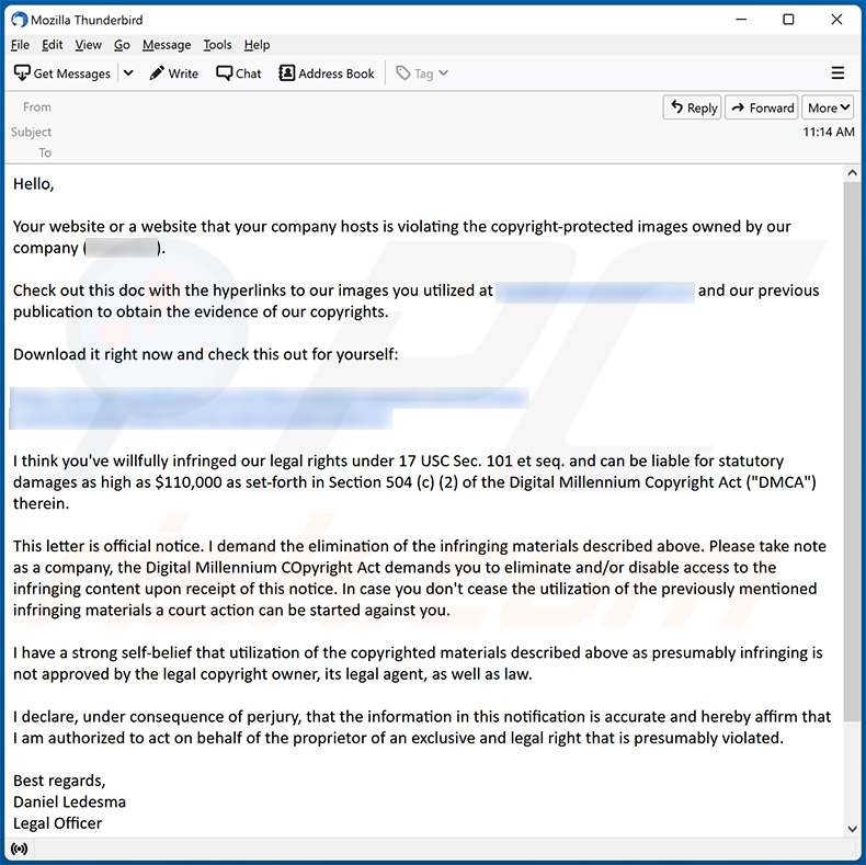 E-mail spamowy DMCA Copyright Infringement Notification (2022-11-15)