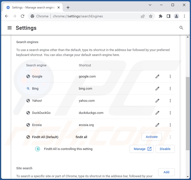 Usuwanie  find.findit-all.com z domyślnej wyszukiwarki Google Chrome