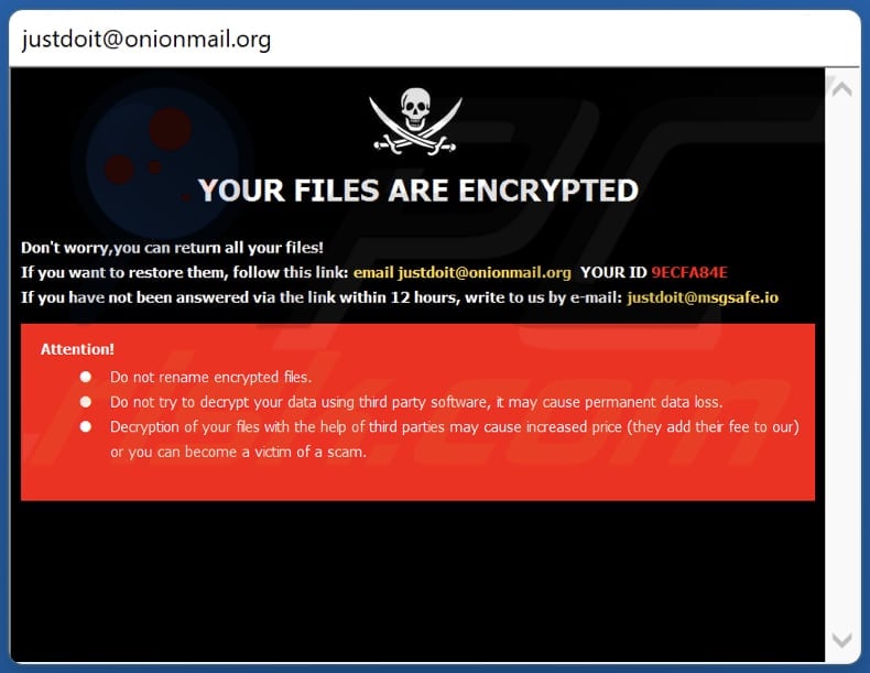 Notatka z żądaniem okupu ransomware Just w oknie pop-up