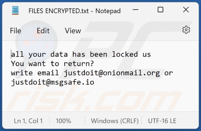 Plik tekstowy ransomware Just (FILES ENCRYPTED.txt)