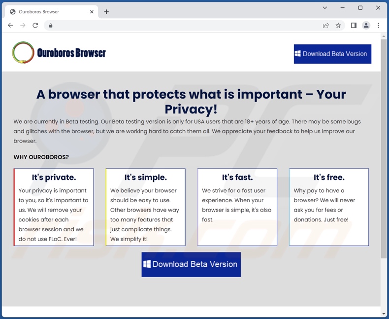 Witryna używana do promowania PUA przeglądarki Ouroboros