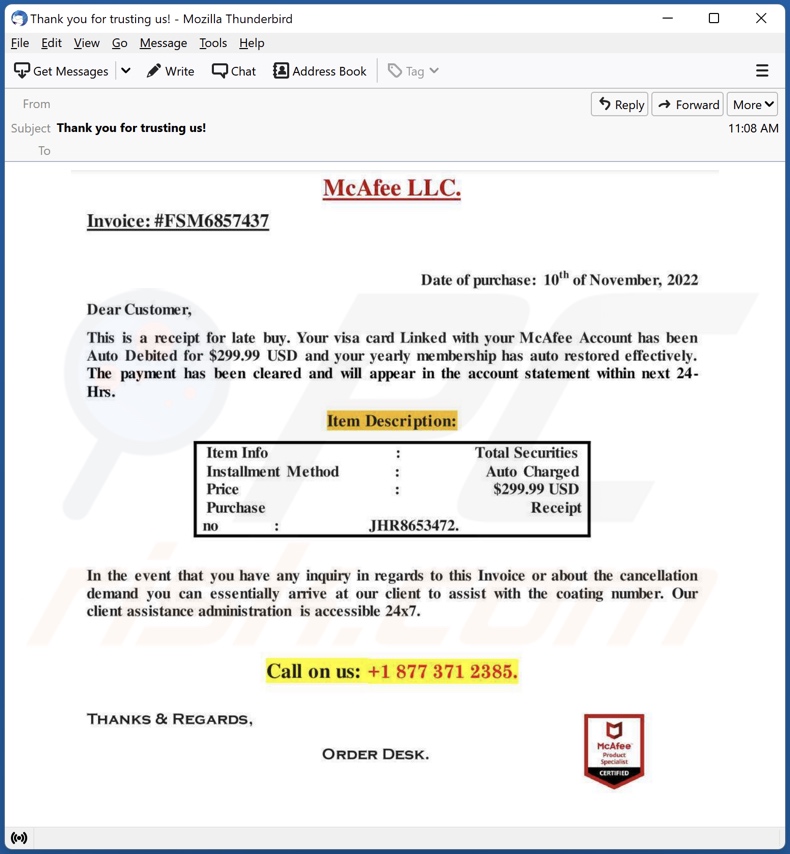 Oszustwo e-mailowe Payment For McAfee Subscription - przykład 2