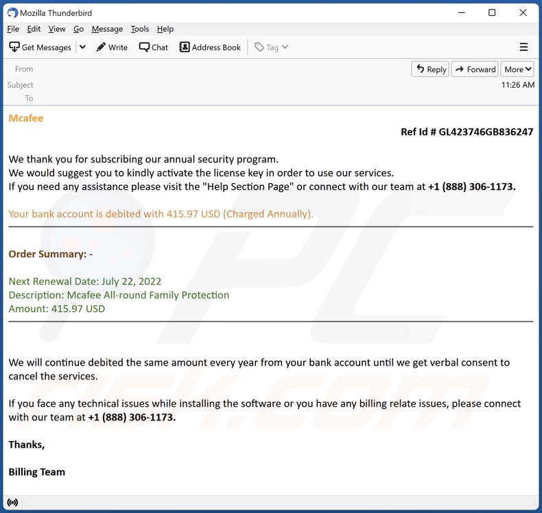 Oszustwo e-mailowe Payment For McAfee Subscription - przykład 3