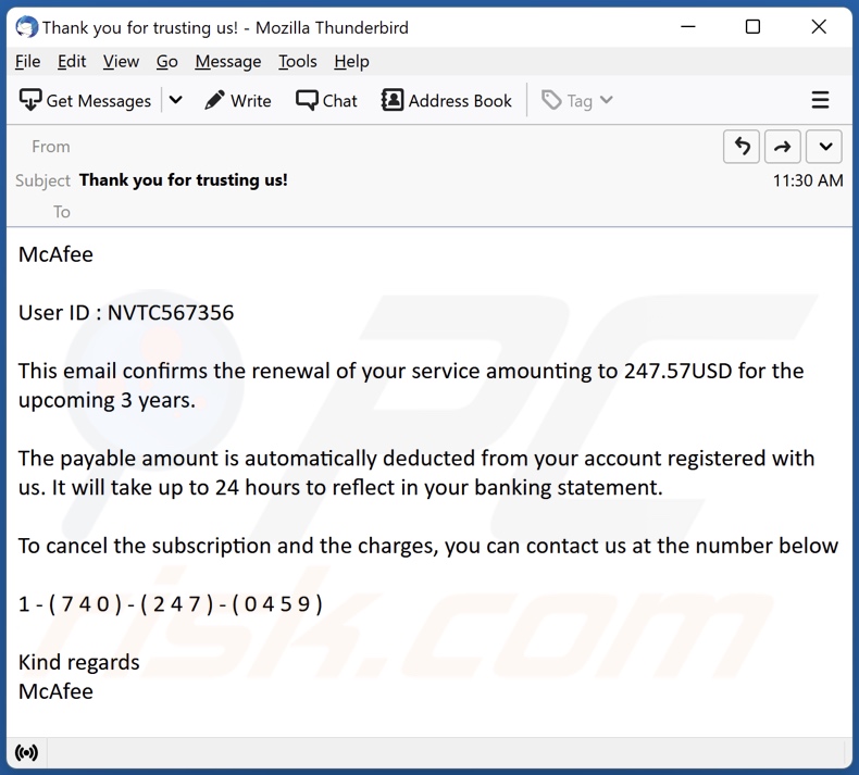 Oszustwo e-mailowe Payment For McAfee Subscription - przykład 4