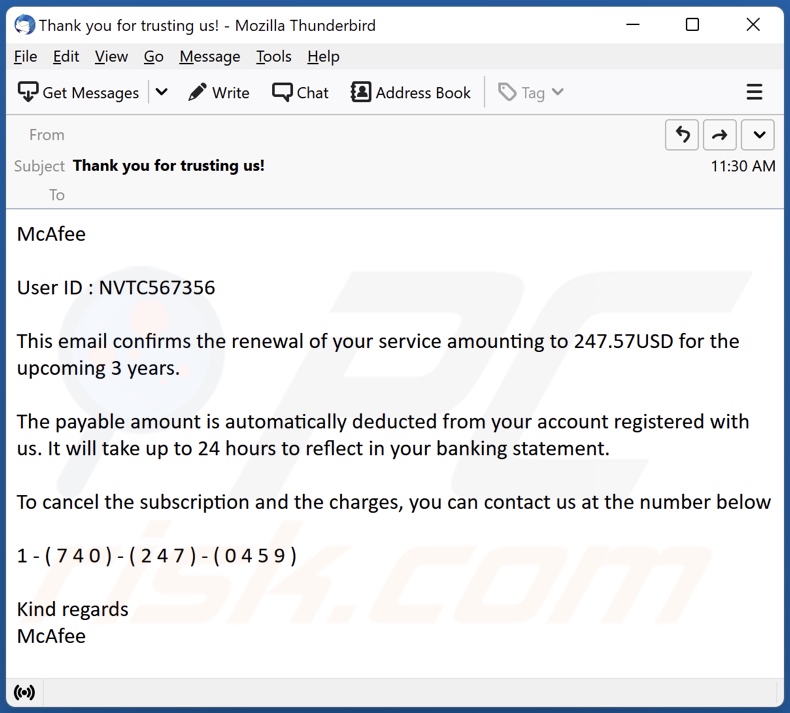 Oszustwo e-mailowe Payment For McAfee Subscription - przykład 4