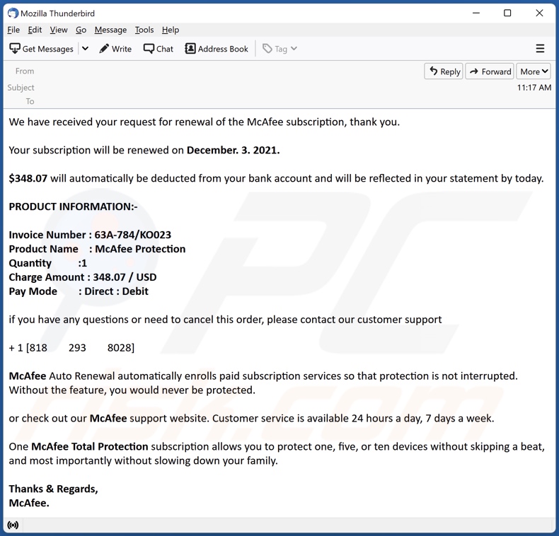 Oszustwo e-mailowe Payment For McAfee Subscription - przykład 5