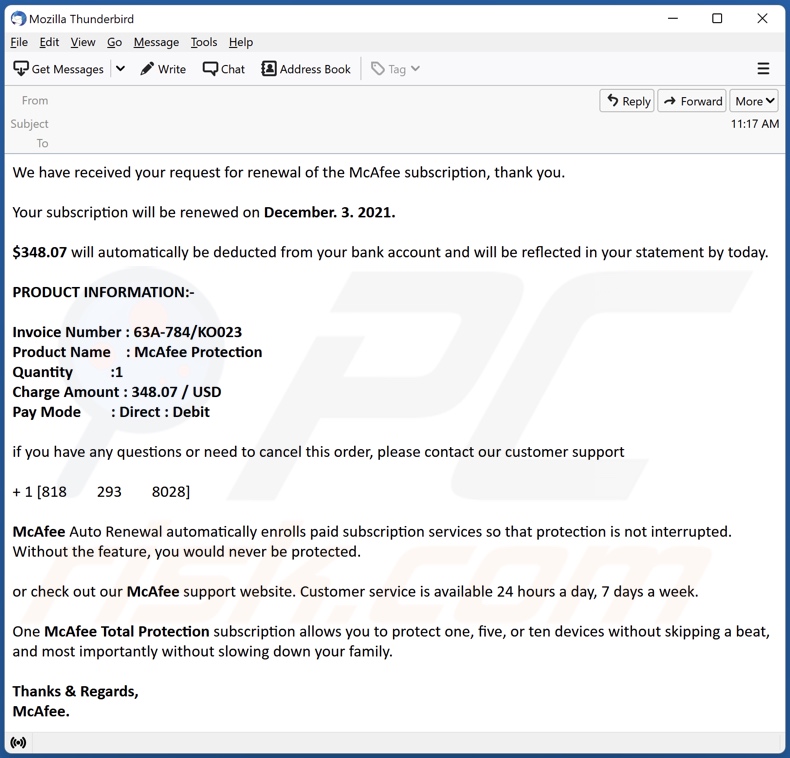 Oszustwo e-mailowe Payment For McAfee Subscription - przykład 5