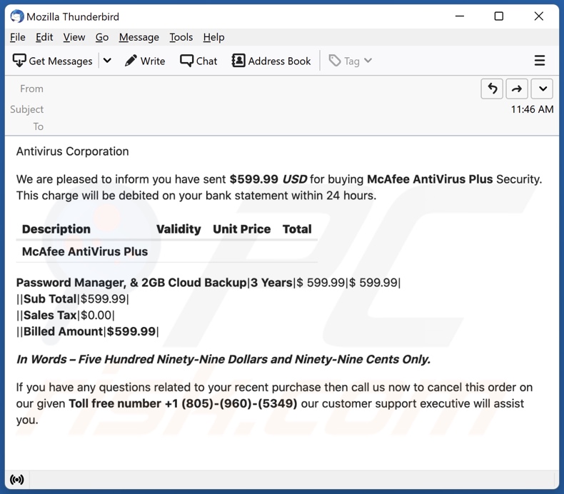 E-mailowa kampania spamowa Payment For McAfee Subscription