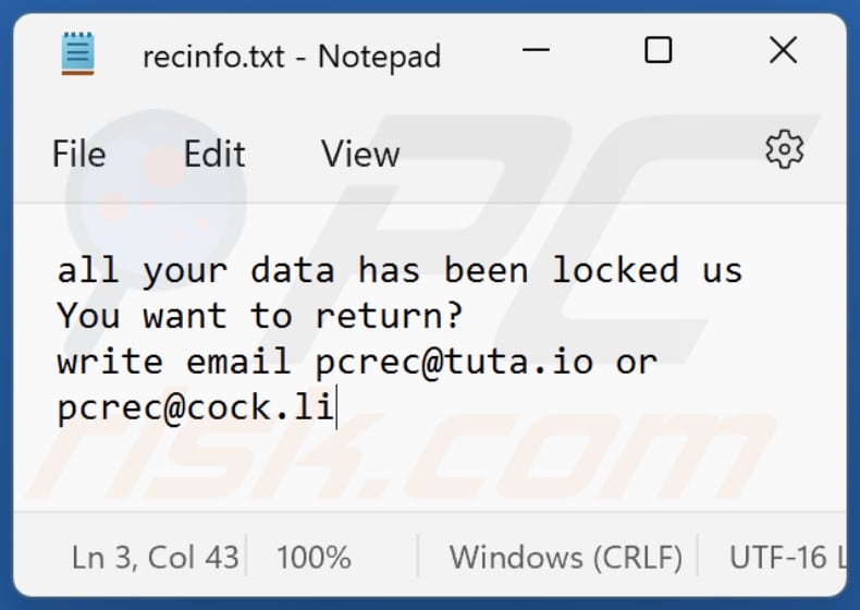 Druga notatka z żądaniem okupu ransomware RPC (recinfo.txt)