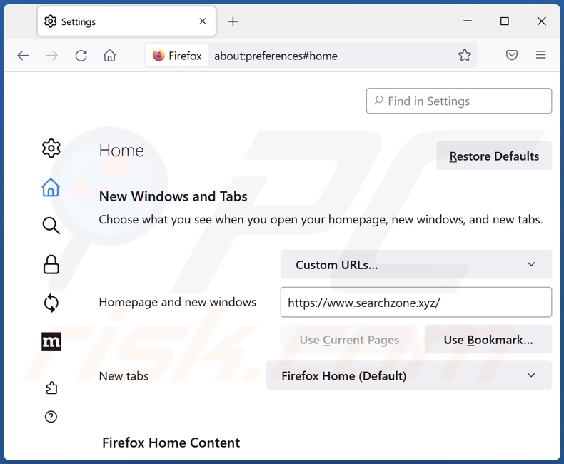 Usuwanie searchzone.xyz ze strony domowej Mozilla Firefox