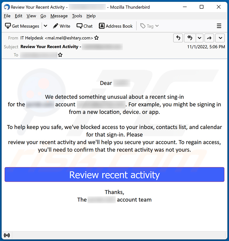 E-mail spamowy o tematyce Unusual Sign-in Activity (2022-11-04)
