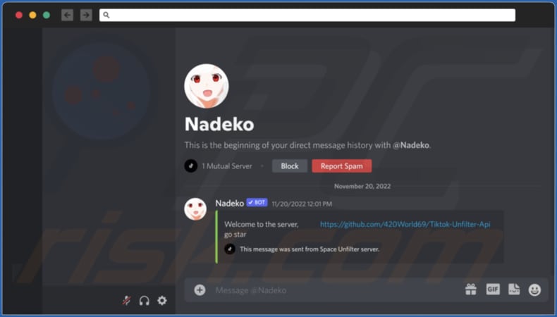 Wiadomość bota w Bot Discord promująca link do repozytorium hostingującego malware GitHub WASP