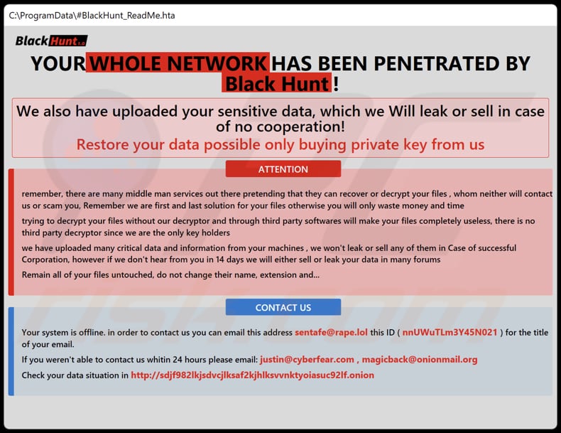 Plik HTA ransomware Black Hunt (BlackHunt_ReadMe.hta)