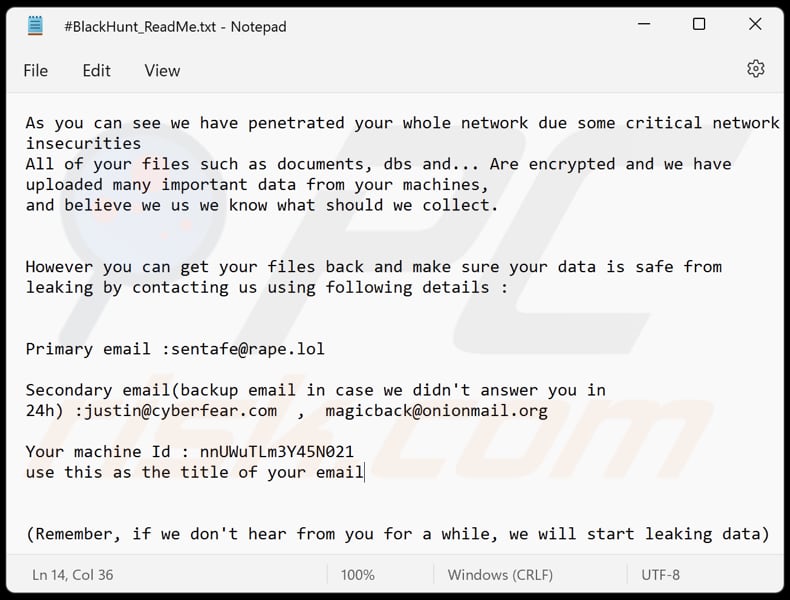 Notatka z żądaniem okupu ransomware Black Hunt w pliku tekstowym (#BlackHunt_ReadMe.txt)