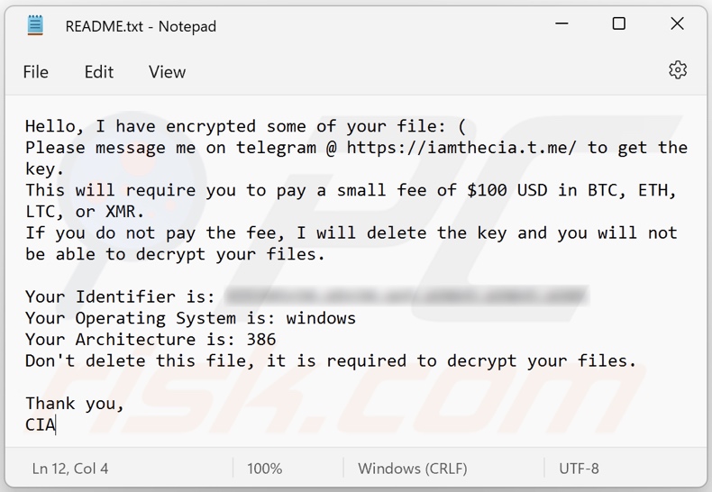 Inny wariant notatki z żądaniem okupu ransomware CIA (README.txt)