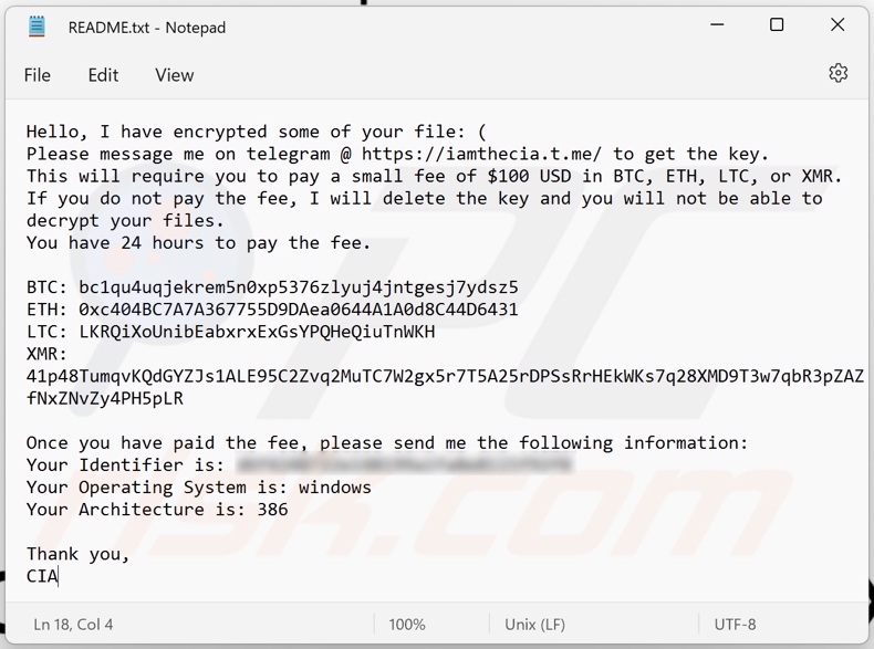 Notatka z żądaniem okupu ransomware CIA (README.txt)