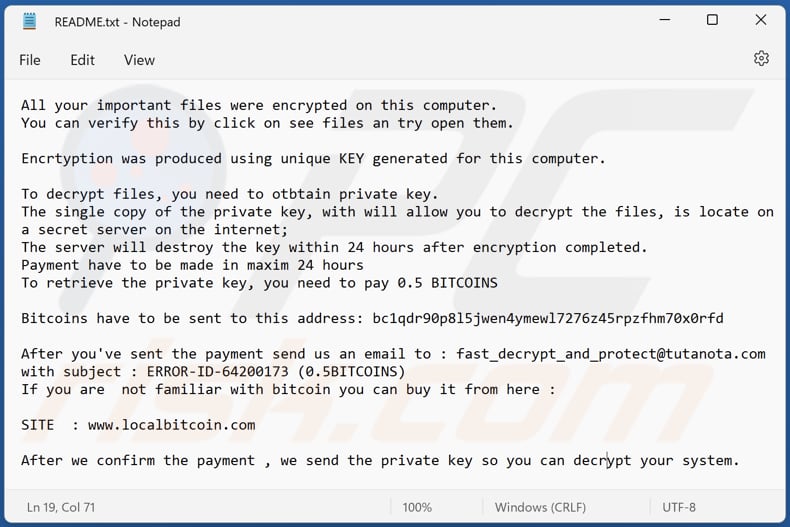 Plik tekstowy ransomware CryWiper (README.txt)