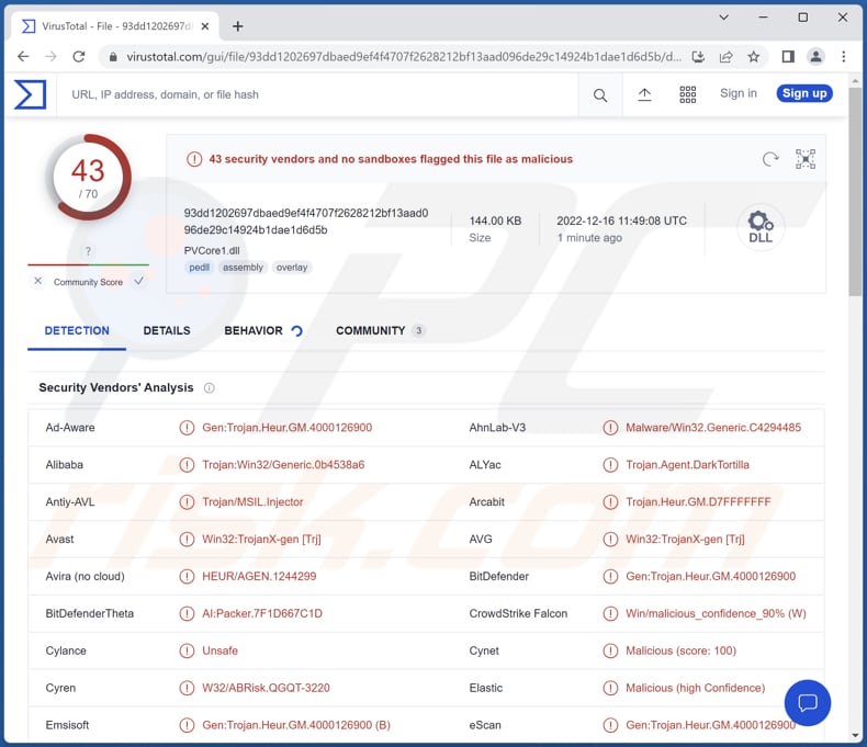 Wykrycia malware DarkTortilla na VirusTotal
