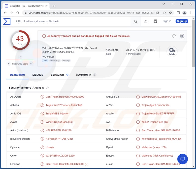 Wykrycia malware DarkTortilla na VirusTotal