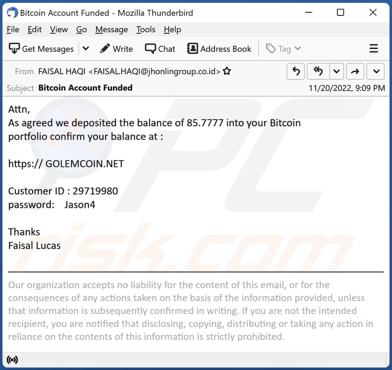 Inny wariant oszustwa e-mialowego deposit into your bitcoin portfolio